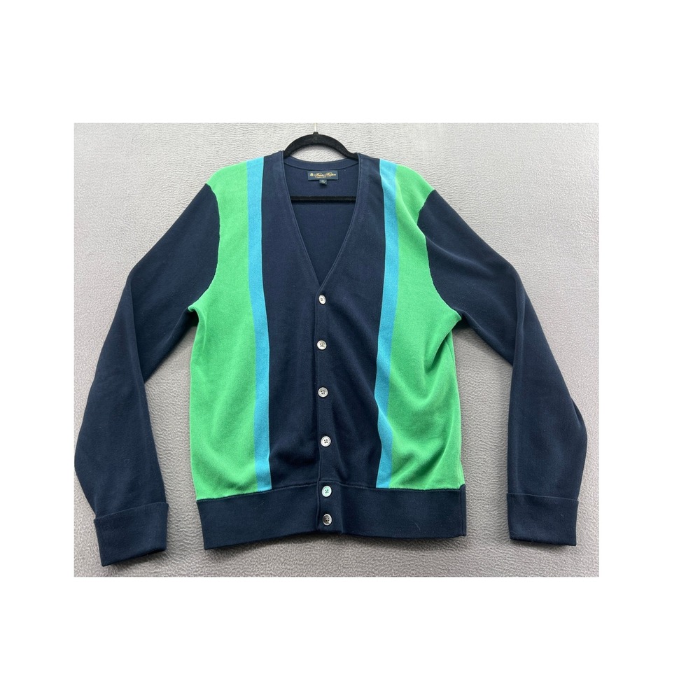 Brooks Brothers Cardigan Sweater Mens L Cotton Navy Green Color Block Stripe